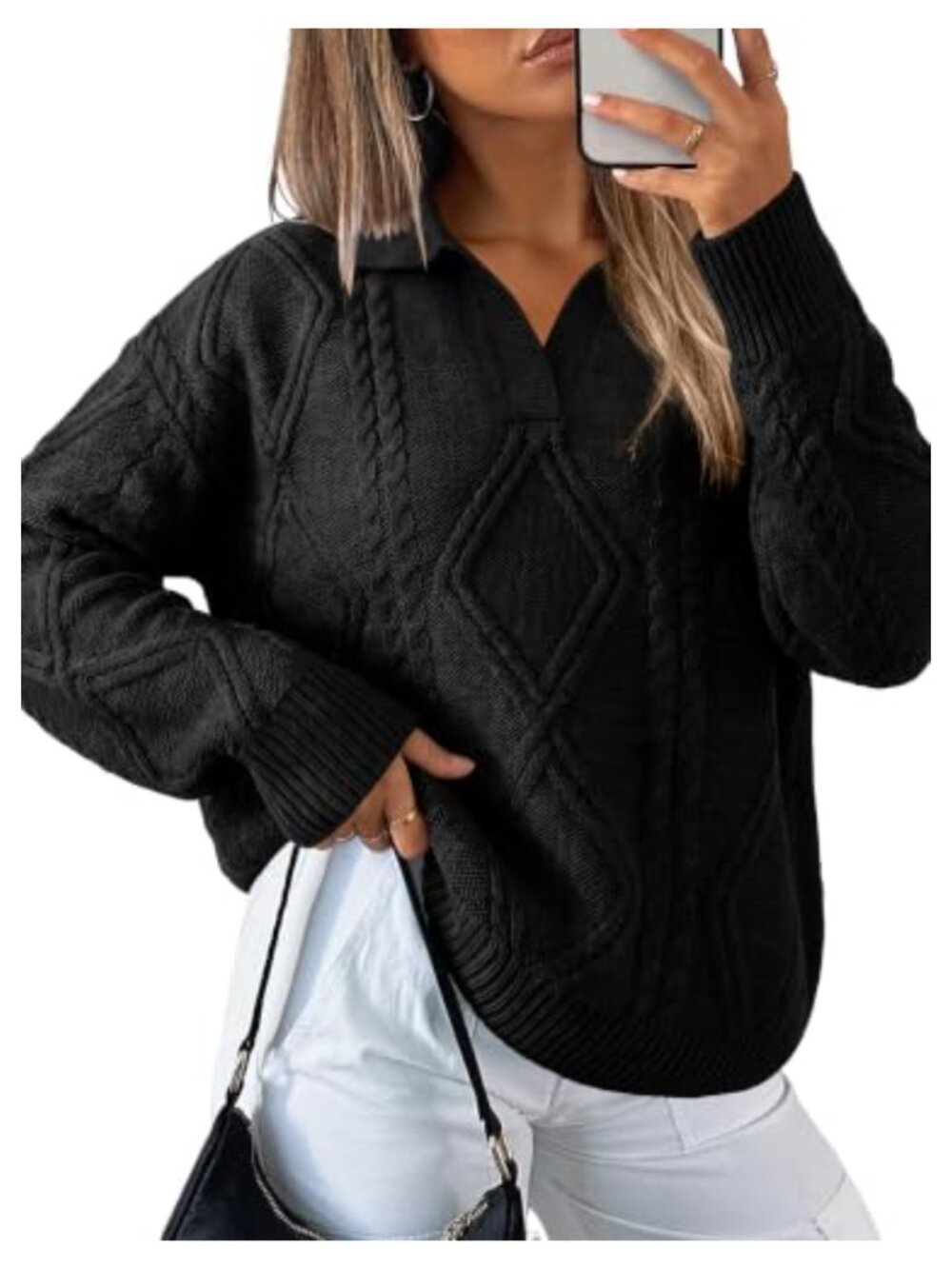 Cable Knit Lapel Collar Oversized Sweater V-Neck Pullover